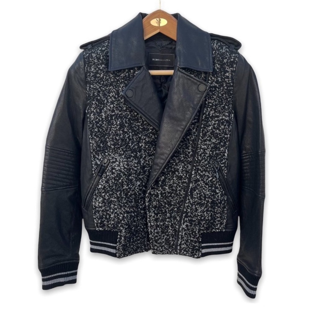 BCBGMaxAzria Serena Wool Blend Tweed Leather Moto Jacket - S - Never Worn NWOT